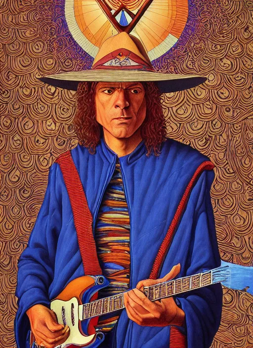 Image similar to an awesome jean giraud graphic art of pat metheny in the style of a renaissance masters portrait, mystical and new age symbolism and tibetan book of the dead imagery, intricately detailed, 4 k