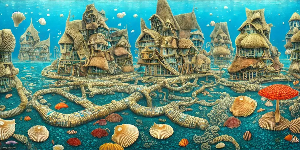 Prompt: underwater city inside!! the seashell, seaweed, corals, carps, koi fish, small scandinavian!!! houses, little people!!!, by jacek yerka by levitan, surrealistic painting, masterpiece, oil painting, sharp focus, highly detailed, intricate, smooth, 8 k,