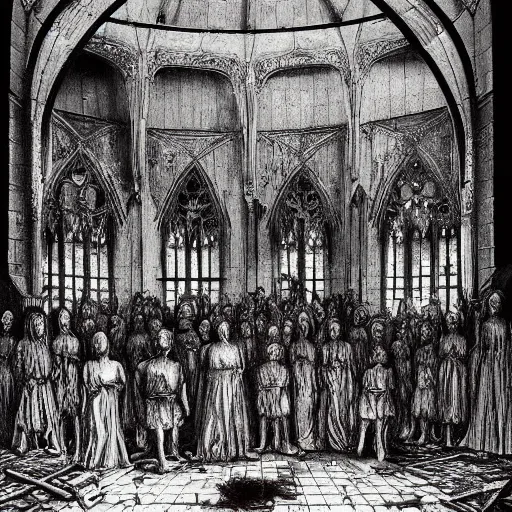 Prompt: a hyperrealistic painting of a satanic cult gathering in a derelict victorian parlour, stained glass windows, by john kenn mortensen and zdzislaw beksinski, highly detailed, vivid color,