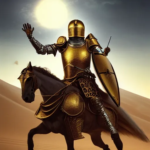 Image similar to Realistic photo of the king of the Desert in Battle, Knight with a golden helmet and a Silver Armour, Sand, Heroic Battle Scene, dark fantasy, intricate, cinematic lighting, highly detailed, digital art, trending on Artstation, 8k, photorealistic, art by Artgerm and Greg Rutkowski and Alphonse Mucha