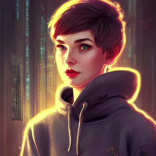 Image similar to character portrait of a 1950s girl in a hoodie, pixie cut, dystopian cyberpunk steampunk soviet mood, intricate, wild, highly detailed, digital painting, artstation, upper body, concept art, smooth, sharp focus, illustration, art by artgerm and greg rutkowski and alphonse mucha