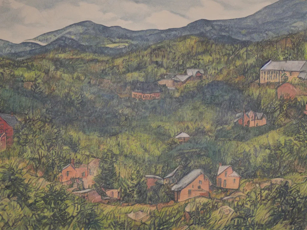 Prompt: the laurentians. lithography by susanne la.