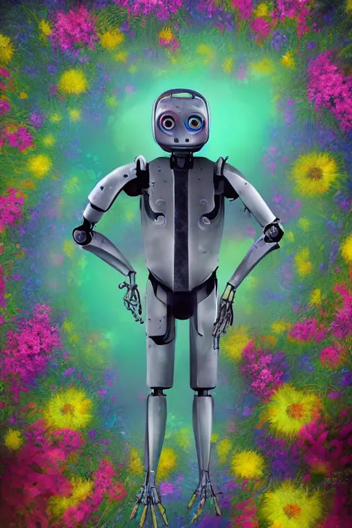 Prompt: an underwater digital painting of a robot wearing a suit made of flowers, 1965 character portrait by Fillip Hodas, cgsociety, panfuturism, made of flowers, dystopian art, vaporwave