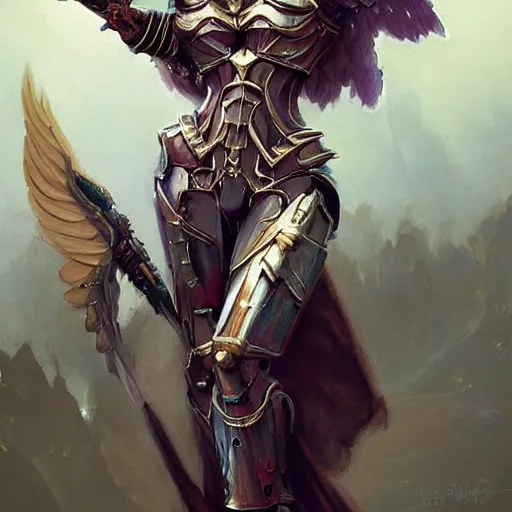 Prompt: Angelic woman in armor from warhammer 40000, elegant, vibrant, dark fantasy, intricate, smooth, artstation, painted by edgar maxence, greg rutowski, ross tran, artgerm