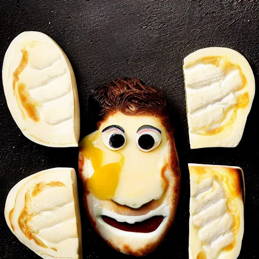 Image similar to food photography of jake gyllenhaal's face fused with halloumi cheese ( ( white halloumi cheese hybrid with jake gyllenhaal face ) ), jake gyllenhaal sentient cheese face fashioned from halloumi, by greg rutkowski