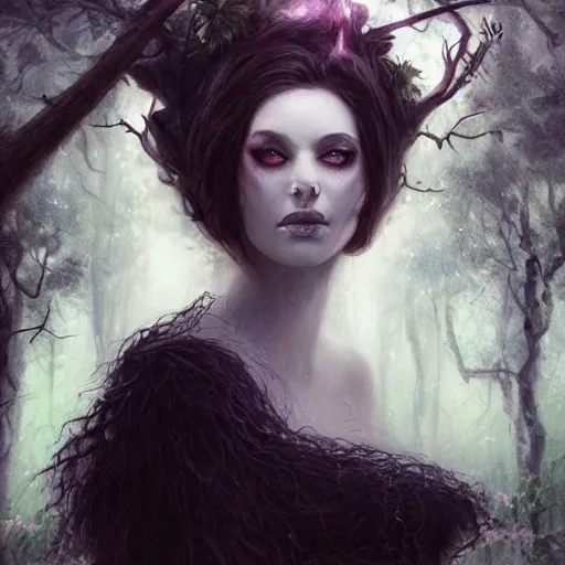 Image similar to head and shoulders portrait of a witch in a forest, dark fantasy, mystic, elegant, intricate, face, medium shot, trending on artstation, volumetric light, by Fernanda Suarez and Gil Elvgren