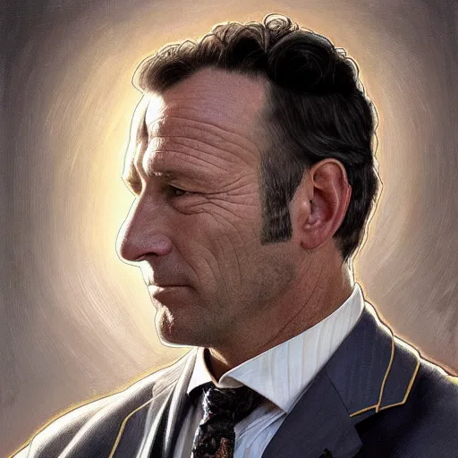 Image similar to beautiful portrait of former hockey player Malarchuk Clint in a suit, fantasy, intricate, elegant, highly detailed, digital painting, artstation, concept art, smooth, sharp focus, luxury fashion illustration, art by artgerm and greg rutkowski and alphonse mucha, brightly lit cinematic soft lighting, photorealistic