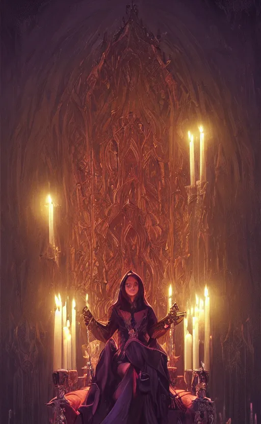 Prompt: An evil queen sits on her throne, candles light the darkened room, goblins surround the throne worshipping her, fantasy, highly detailed, digital painting, artstation, concept art, illustration, art by Greg Rutkowski and Marc Simonetti