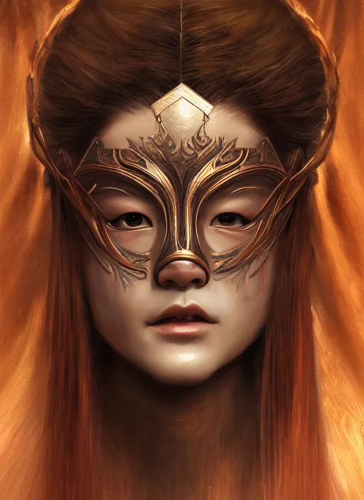 Prompt: a beautiful detailed oil on copper art illustration of a japanese basara mask woman, centered, by charlie bowater, zeng fanzh, trending on artstation, dim dusk lighting, cinematic lighting, detailed lighting, volumetric lighting, realistic, f 8, 4 k hd wallpaper