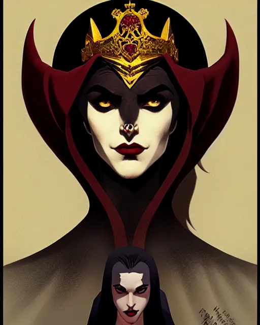 Image similar to beautiful vampire queen with crown, symmetrical face, evil, portrait, cinematic, dramatic, powerful, super detailed and intricate, by koson ohara, by darwyn cooke, by greg rutkowski, by satoshi kon