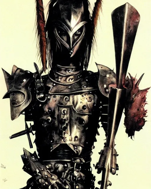 Image similar to portrait of an androgynous skinny punk goth warrior wearing armor by simon bisley, john blance, frank frazetta, fantasy