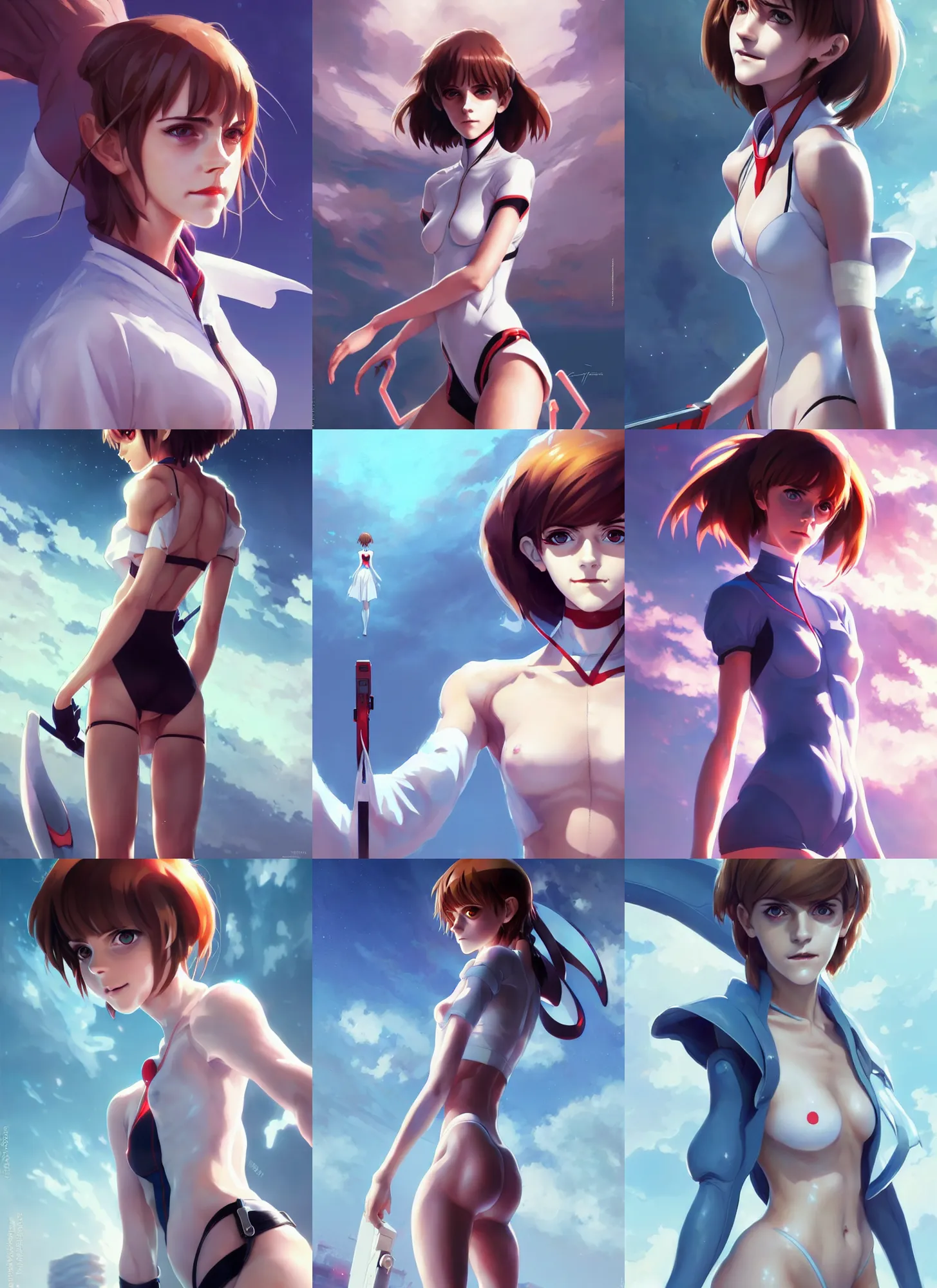 Prompt: attractive Emma Watson as Ayanami Rei from Evangelion, hourglass slim figure, full body shot close up, seductive smile, details, sharp focus, illustration, by Jordan Grimmer and greg rutkowski, Trending artstation, pixiv, digital Art