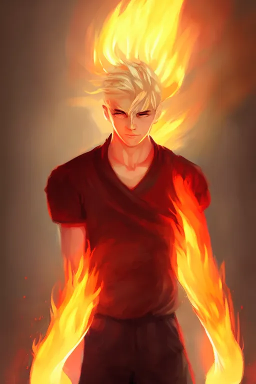 Prompt: character art by wlop, young man, blonde hair, on fire, fire powers