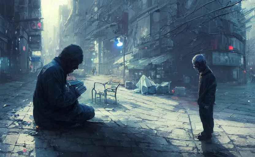 Image similar to highly detailed portrait of joe biden as a homeless, in the game cyberpunk, stephen bliss, unreal engine, fantasy art by greg rutkowski, loish, rhads, ferdinand knab, makoto shinkai and lois van baarle, ilya kuvshinov, rossdraws, tom bagshaw, global illumination, radiant light, detailed and intricate environment