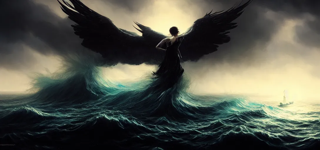 Image similar to 8 k art photography, filmic lighting, cinematic art shot, hyperrealistic, hyperdetailed, super detailed, uhd, uhd, 8 k, high resolution, a fallen angel, black fluid simulation, painting by ross tran and ivan aivazovsky, black water