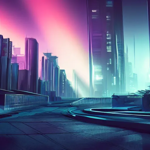 Image similar to futuristic urban island city at dusk. a shadowy figure with two bright, shining eyes peers out from the shadows of an alley. cgartist. leading lines. volumetric lighting. god rays.