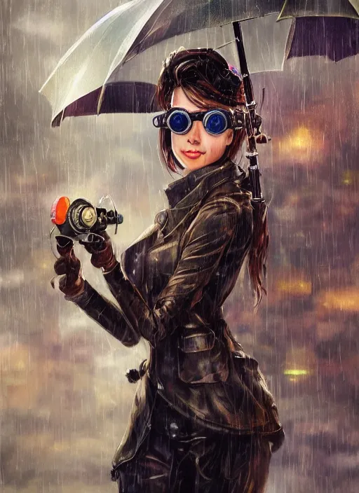 Prompt: girl, steampunk, goggles, pilot, standing in the rain with an umbrella, wet, raindrops, reflections, detailed city background, portait, made by stanley artgerm lau, wlop, rossdraws, james jean, andrei riabovitchev, marc simonetti, yoshitaka amano, artstation