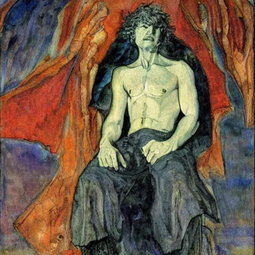 Image similar to comics sandmanin a cloak by Neil Gaiman, in style The Demon Seated, by Mikhail Vrubel, oil painting, art gallery, art museum, small details, whole-length