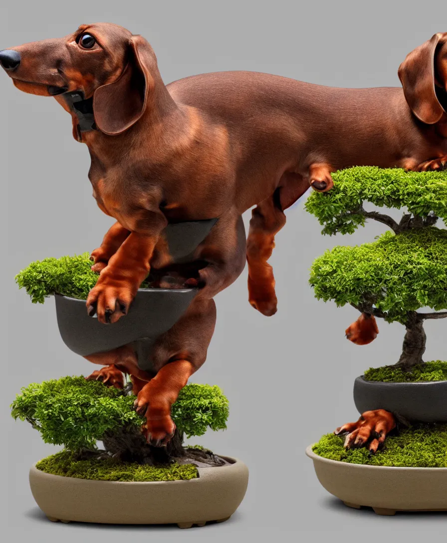 Prompt: Dachshund boabab hybrid in a bonsai pot, cinematic lighting, 8k, artstation