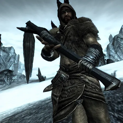 Image similar to skyrim re - imagined as a first person shooter. the player is holding a rifle with a scope.