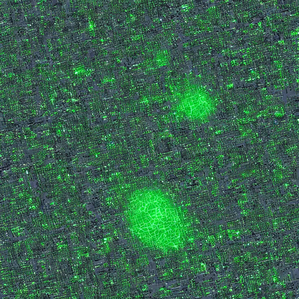 Image similar to satellite view imagery of advanced alien civilisation with large public transport. Green glowing factory. Extreme zoom, housed visible.