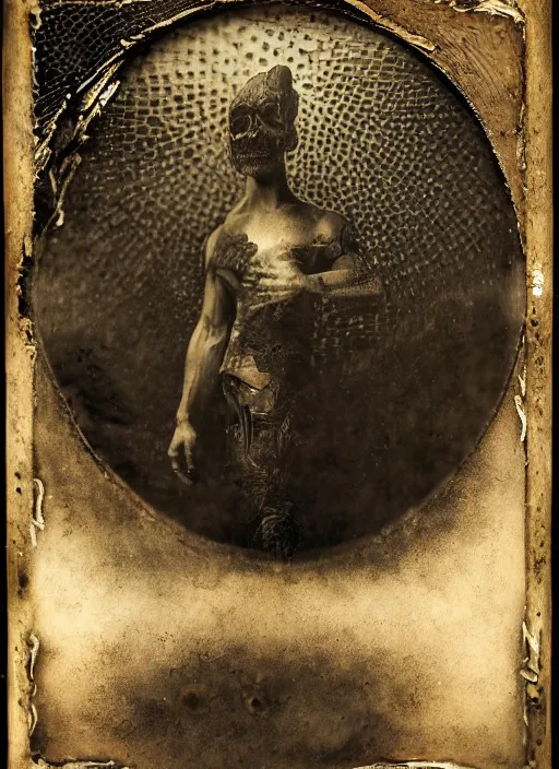 Image similar to old wetplate daguerreotype half man, half demon, explosion of data fragments, fractal, intricate, elegant, highly detailed, parallax, leica, medium format, subsurface scattering, by jheronimus bosch and greg rutkowski and louis jacques mande daguerre