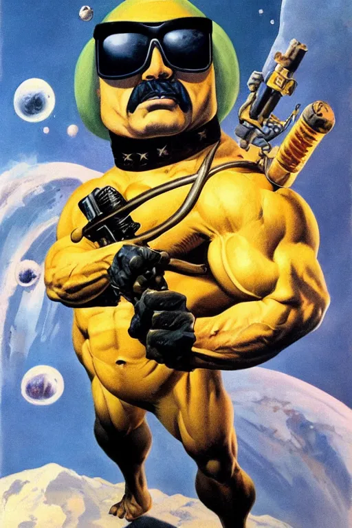 Prompt: anthropomorphic badass muscular lemon character wearing cool sunglasses flying through space, by Frank Frazetta, trending on artstation, highly detailed