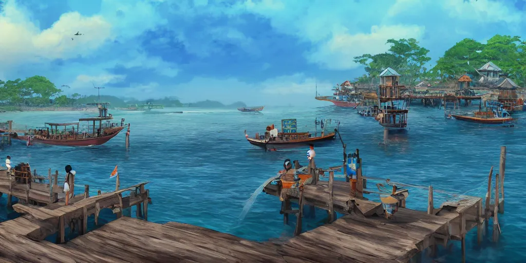 Prompt: pulau indah jetty fishing town in the morning, detailed matte painting, studio ghibli, artstation