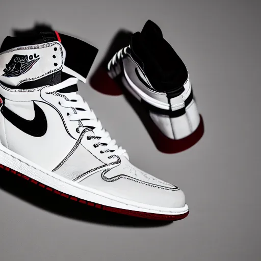 Image similar to a studio photoshoot of Air Jordan 1 sneakers designed by Virgil Abloh, leather and suede, Off-White, realistic, color film photography by Tlyer Mitchell, 35 mm, graflex