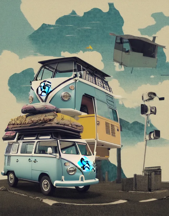 Image similar to vw camper touring rural japan, a collage painting, in the style of wes anderson, lola dupre, david hockney, isolated on negative white space background dark monochrome fluorescent spraypaint accents volumetric octane render, no double figure