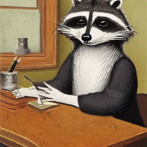 Prompt: anthropomorphic Raccoon artificer working at a desk, wearing traditional clothes, oil painting