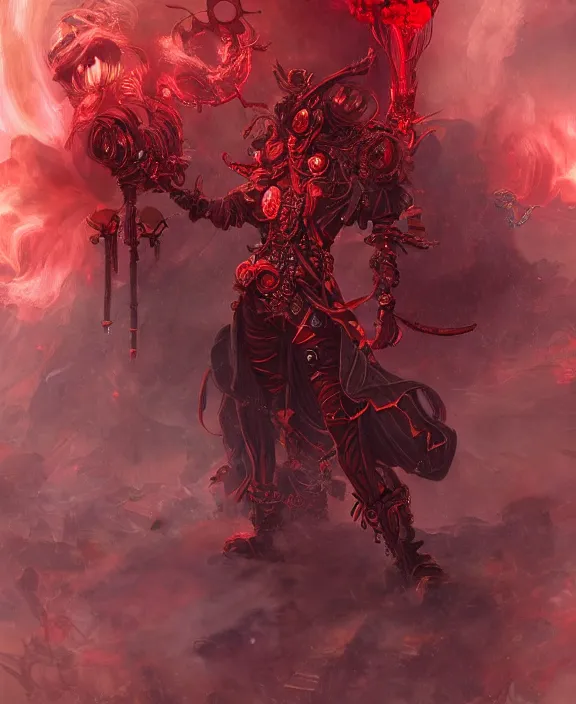 Prompt: a detailed character concept of a steampunk crystalline dark lord wreathed in red smoke by Moebius and Peter Mohrbacher, 4k resolution, photorealistic