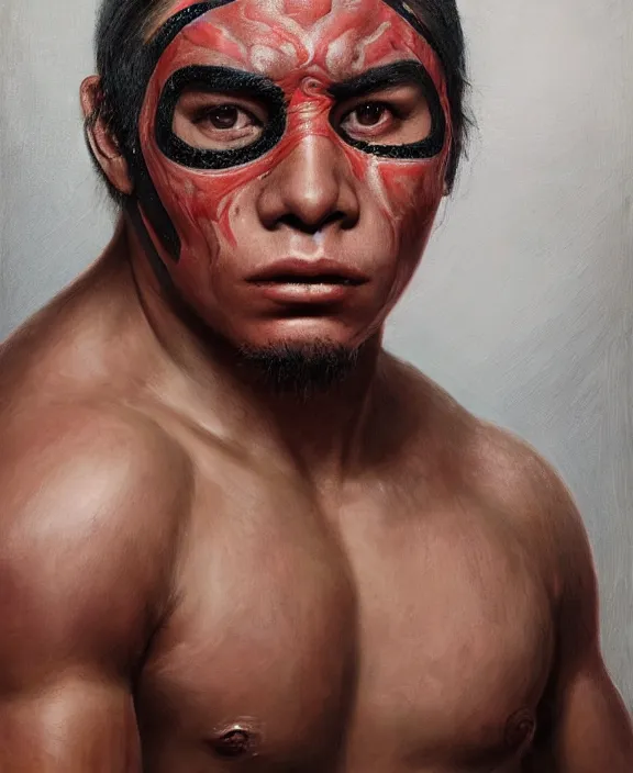 Image similar to heroic portrait of a young mexican wrestler. art by denys tsiperko and bogdan rezunenko, hyperrealism