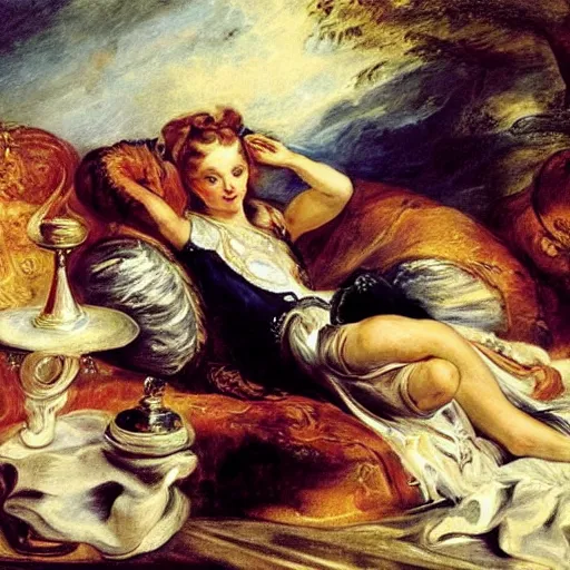 Image similar to heavenly summer sharp land sphere scallop well dressed lady watching netflix on a tv, auslese, by peter paul rubens and eugene delacroix and karol bak, hyperrealism, digital illustration, fauvist, watching netflix on a tv