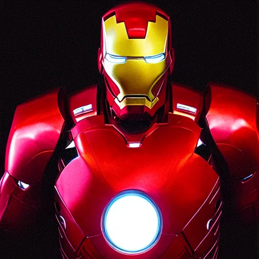 Image similar to “Still of Elmo as Iron Man, portrait, realistic, 50 mm lens, medium shot, dramatic studio lighting, cinematic, black background, realistic photo”