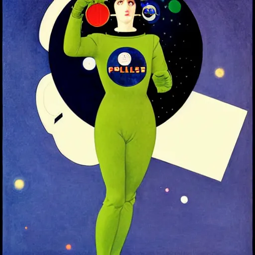 Prompt: art by coles phillips, eva green as a french astronaut from the year 2 5 0 0, blonde hair, blue makeup, green eyes, shiny helmet, mucha, kandinsky, art deco, dark deco,