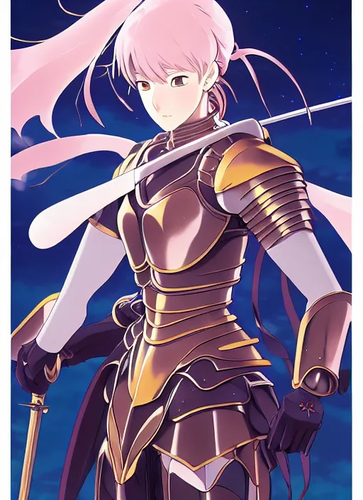 Image similar to key anime visual portrait of a woman knight in ceremonial armor, dynamic pose, cinematic, film grain, designed by yoh yoshinari, detailed, intricate, at night