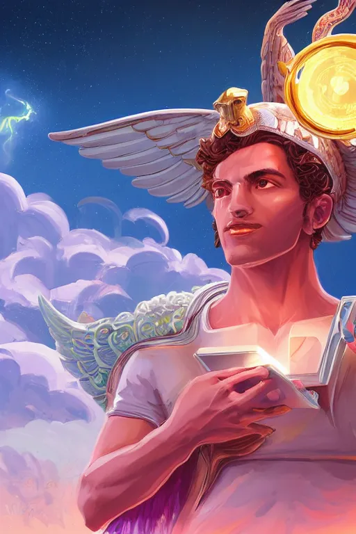 Image similar to highly detailed, the handsome greek god hermes, wearing winged helmet, holding glowing laptop computer, clouds of glowing binary code, digital painting bioluminance alena aenami artworks in 4 k design by lois van baarle by sung choi by john kirby artgerm style pascal blanche and magali villeneuve