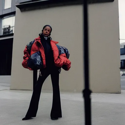 Image similar to realistic! photoshoot for a new vetements lookbook, color film photography, portrait of a beautiful woman, model wearing a puffer jacket, in style of tyler mitchell, 35mm