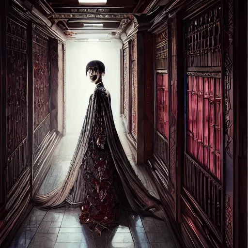 Image similar to beautiful girl in intricate clothing walking through a hallway made of blood diamonds, reflections, very high intricate details, horror, painting, digital anime art, medium shot, mid - shot, wlop, ilya kuvshinov, artgerm, krenz cushart, greg rutkowski, sana takeda