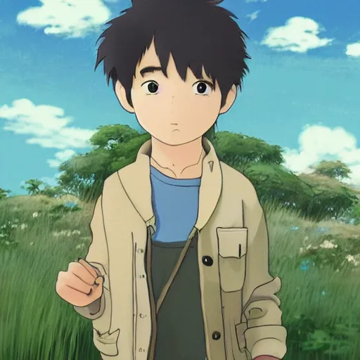 Image similar to friendly guy and small creature with animals , with Fragile looking character portrait face made in Studio Ghibli artstyle ,highly detailed art, beautiful scene, sharp focus, smooth, 8k, anime art, fantasy, style in ghibli anime style, fantasy, island,8k