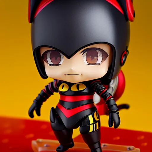 Image similar to wide photograph of cute bee nendoroid with themed crimson - black armor, portrait, hyperdetailed, artstation, cgsociety, 8 k, by tangerine dream