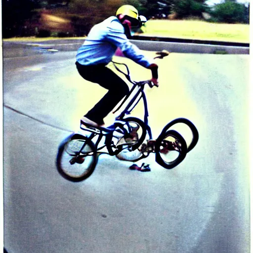 Image similar to Polaroid of Don Johnson doing a stoppie on his mongoose BMX with skyway mag wheels