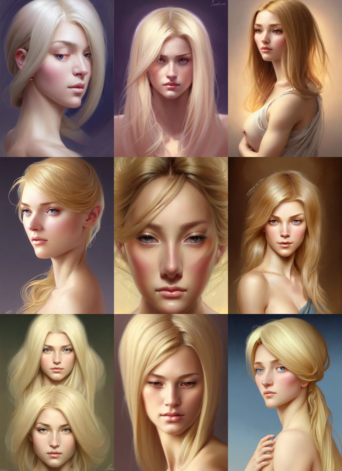 Prompt: face of feminine perfection!! character concept artportrait of young wife blessed by god to uncontrollably become overwhelmingly perfect! blonde, intricate, sensual features, highly detailed, fertile strong tall!! digital painting, artstation, smooth, sharp focus, illustration, art by artgerm and greg rutkowski and alphonse mucha