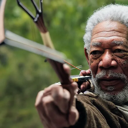 Prompt: morgan freeman playing odin all father from the thor movie, sir ian mckellen shooting arrows from his bow, highly detailed, cinematic shot, cinematic lighting, 8 k, exquisit facial detail