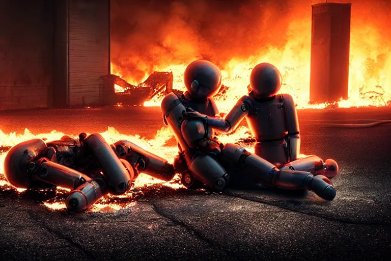 Image similar to vfx film closeup, dead robot couple on the ground holding hands, city street tire tracks fire. flat color profile low - key lighting award winning photography arri alexa cinematography, hyper real photorealistic cinematic atmospheric cool colorgrade