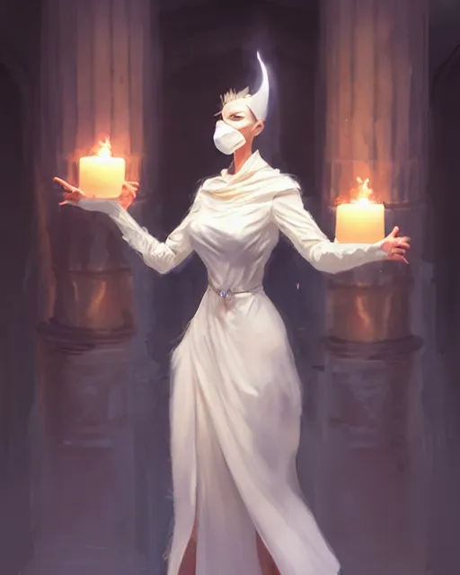 Prompt: concept art of a tall lady in a dress wearing a white mask, leening by a fountain lit by candles, with a dark aura around her | | fine - fine details by stanley artgerm lau, wlop, rossdraws, and sakimichan, trending on artstation, brush strokes