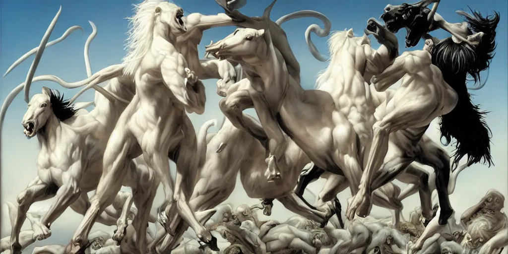 Image similar to albino centaurs fighting with black centaurs by gerald brom, hyper realistic,