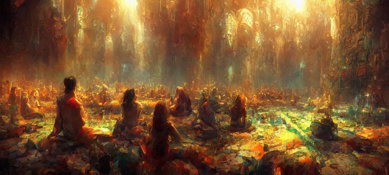 Prompt: human souls sit in the cinema and watch very deeply the light of consciousness projecting their lives on the screen of physical reality, realistic image full of sense of spirituality, life meaning, happy atmosphere, by Marc Simonetti