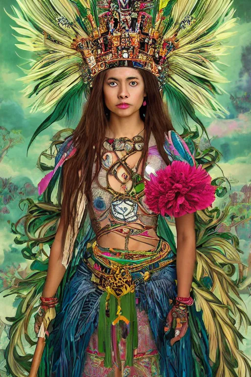 Image similar to medium body shot portrait photo of female magical aztec warrior wearing a crown of long magical quetzal feathers and peony flowers as a cyberpunk cyborg goddess - realistic and detailed, by aaron de leon, sandro boticelli, studio ghibli and alphonse mucha, hdr 8 k